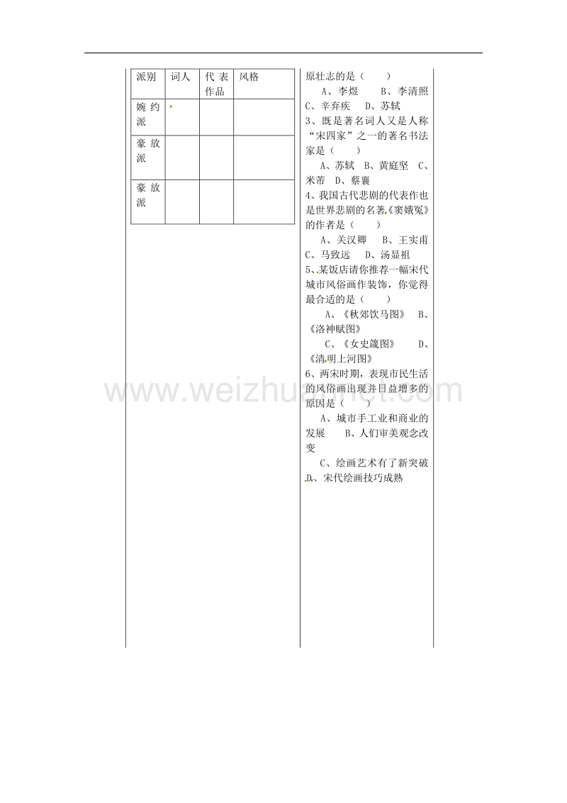 2018年山东省夏津实验中学七年级历史下册第14课 灿烂的宋元文化（二）教学案（无答案） 新人教版.doc_第2页