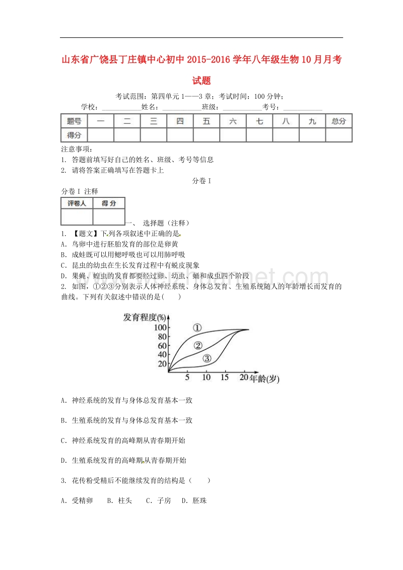 山东省广饶县丁庄镇中心初中2015-2016学年度八年级生物10月月考试题（无答案） 鲁科版.doc_第1页