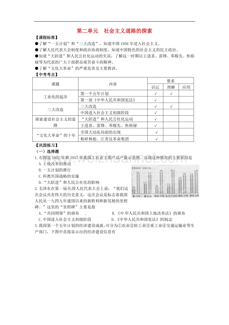 2018年江苏省南京市第十八中学八年级历史下册第二单元 社 会 主 义道路的探索复习学案 新人教版.doc_第1页