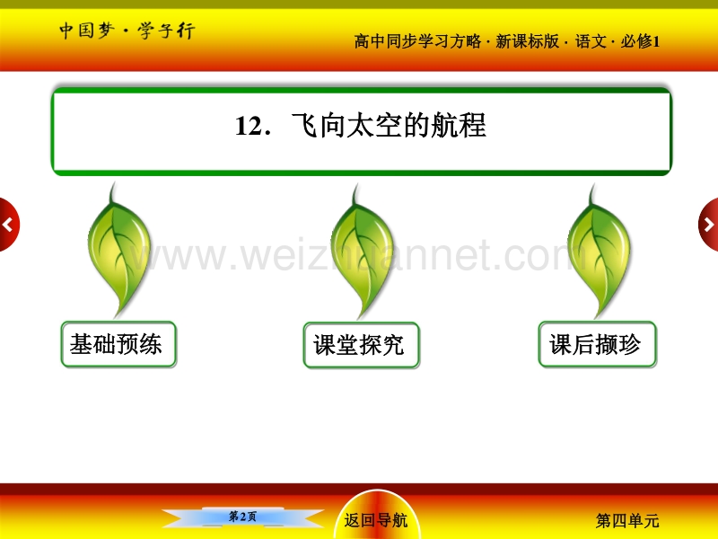 【名师一号·】2015-2016学年高一语文（人教新课标）必修1课件：12．飞向太空的航程.ppt_第2页