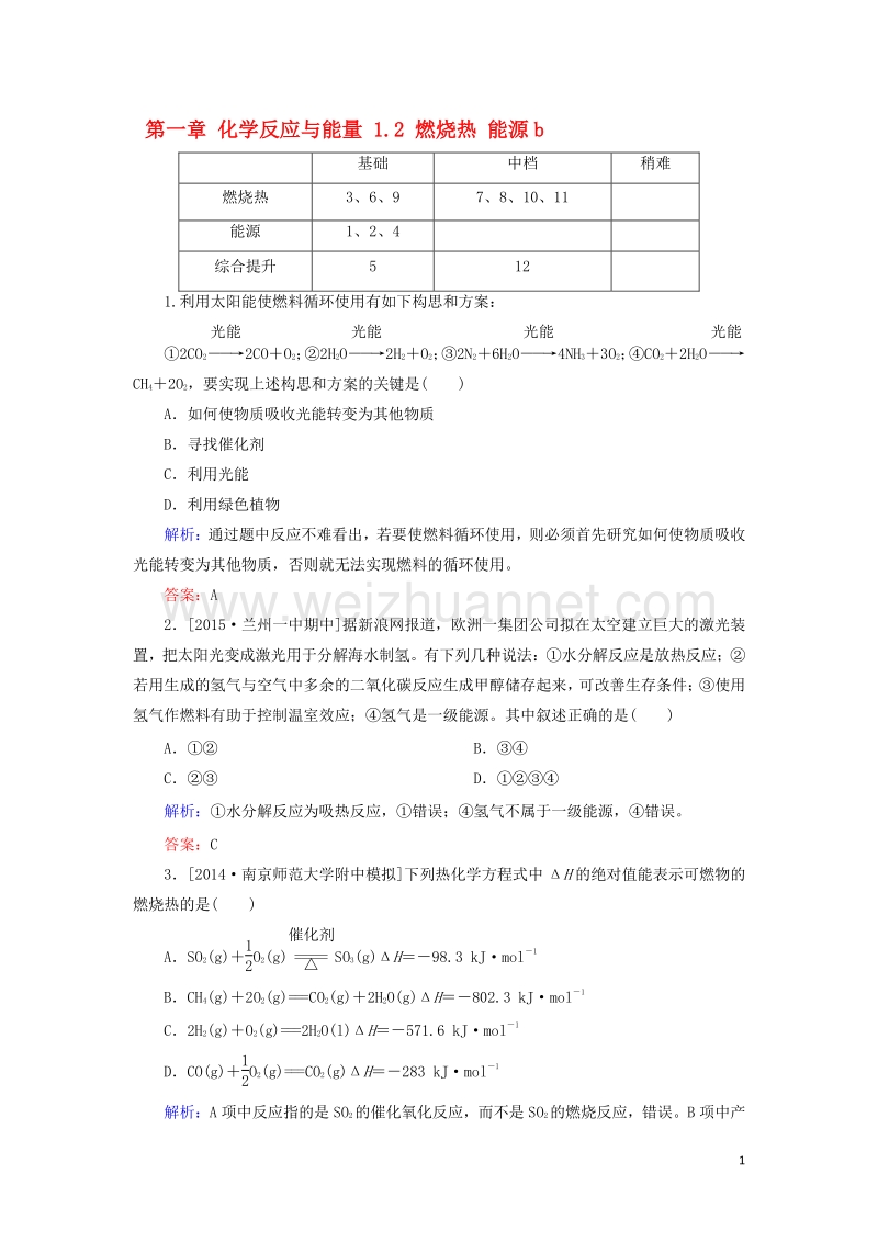 2017_2018学年高中化学第一章化学反应与能量1.2燃烧热能源b测试新人教版选修420170823221.doc_第1页