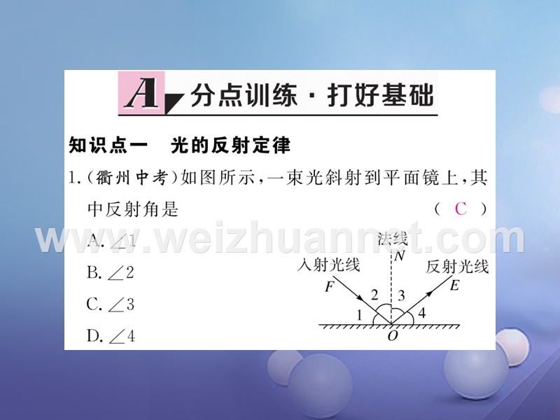 2017_2018学年八年级物理全册第4章第1节光的反射第2课时光的反射作业课件新版沪科版20170815249.ppt_第2页