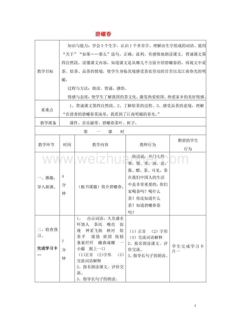 2015年秋六年级语文上册《碧螺春》教案 冀教版.doc_第1页