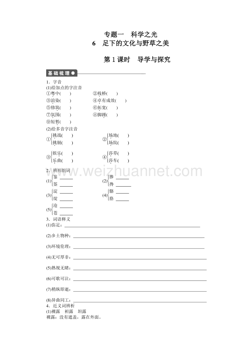 【创新设计-课堂讲义】2015-2016学年高中语文（苏教版必修五）课时作业：文本6 足下的文化与野草之美.doc_第1页