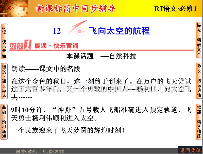 【长江作业】2015-2016学年人教版高中语文必修1课件：第4单元12飞向太空的航程.ppt_第1页