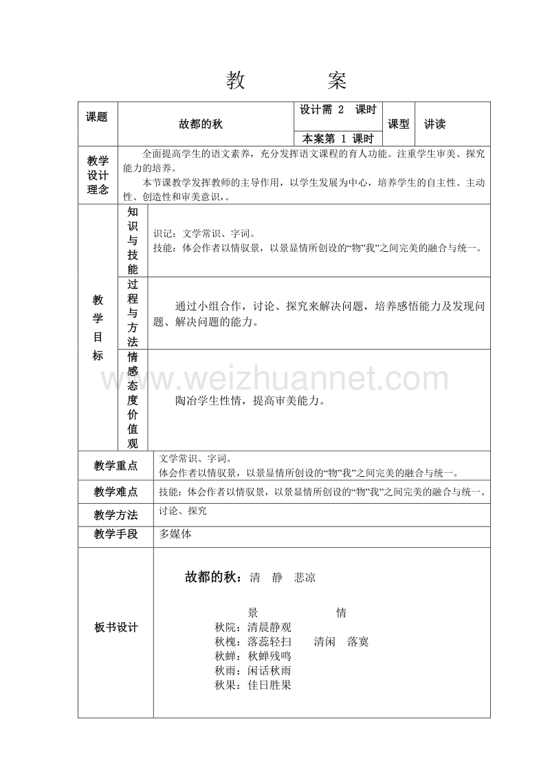 吉林省吉林市第一中学校2015-2016学年人教版高中语文必修二2.故都的秋案头1.doc_第1页