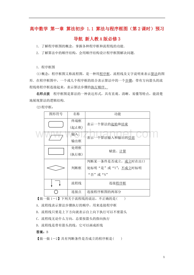 2017年高中数学 第一章 算法初步 1.1 算法与程序框图（第2课时）预习导航 新人教a版必修3.doc_第1页