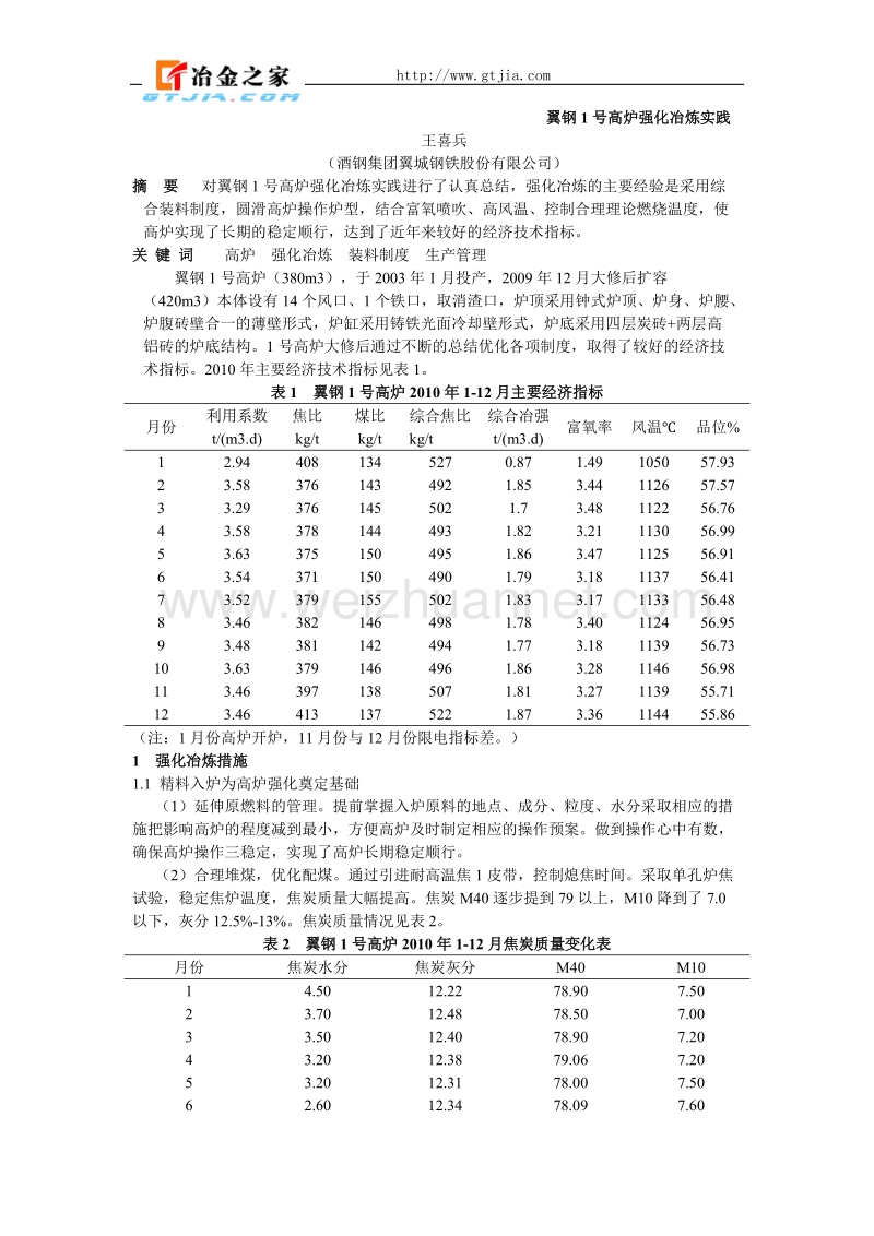 翼钢1号高炉强化冶炼实践.doc_第1页