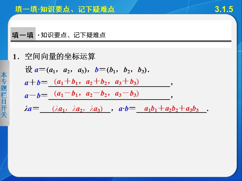 湖北省荆州市沙市第五中学人教版高中数学选修2-1 3-1-5空间向量运算的坐标表示 课件.ppt_第3页