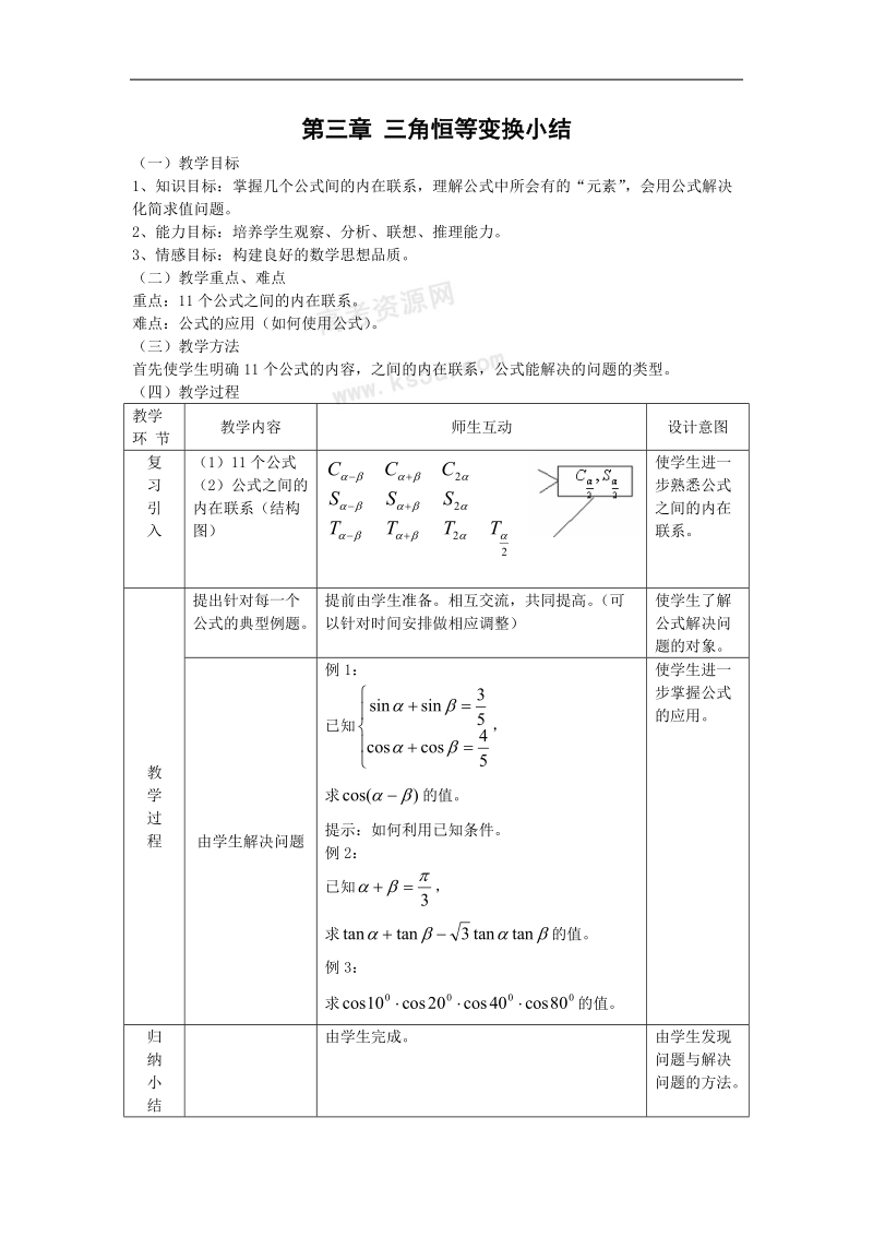 数学：第三章《三角恒等变换小结》教案（新人教a版必修4）.doc_第1页