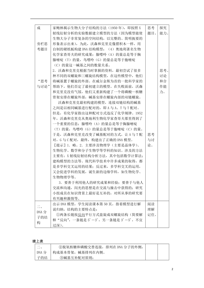 陕西省南郑县2017版高中生物第三章基因的本质3.2dna分子的结构a教案新人教版必修2.doc_第2页