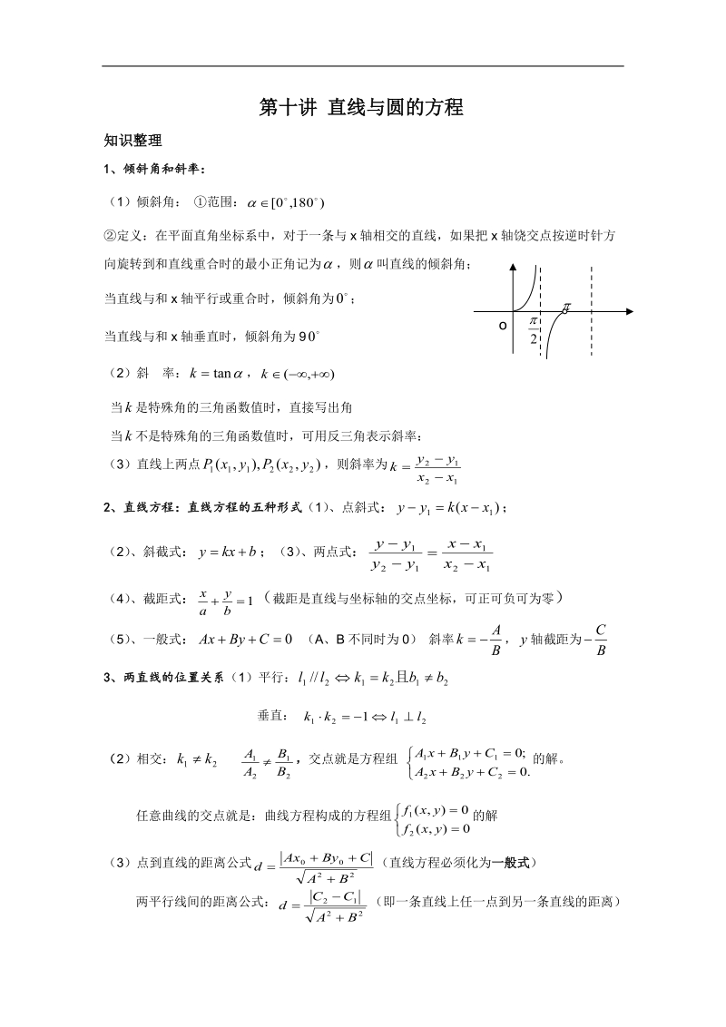 浙江省温州23中高二数学会考后进生辅导资料：第十讲 直线与圆的方程.doc_第1页