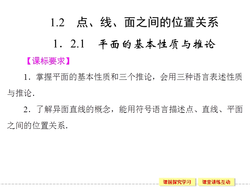 创新设计高中数学人教b版必修2配套课件：1.2.1《平面的基本性质与推论》.ppt_第1页