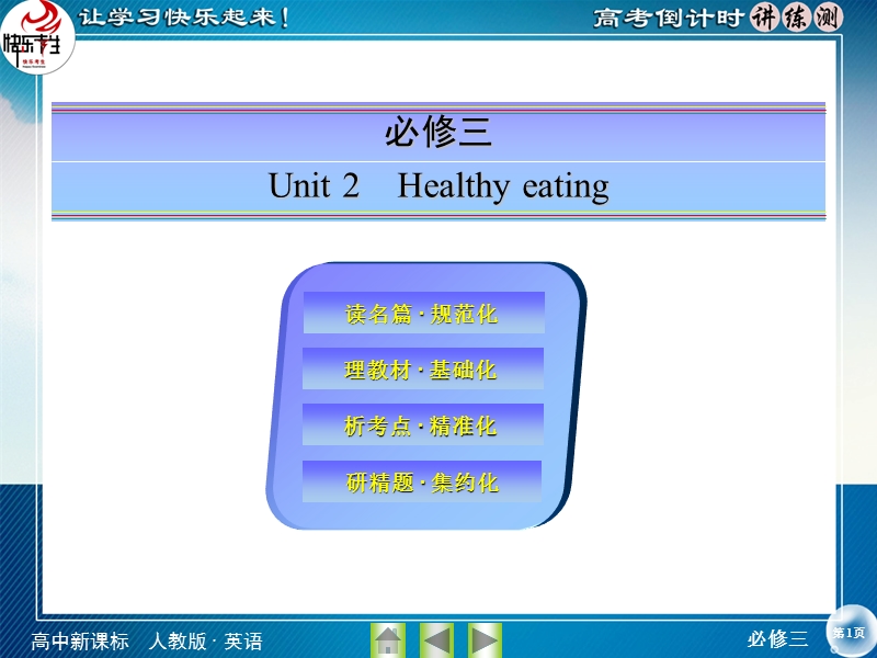 【快乐考生】2015高考英语（人教版）一轮课件：必修3 unit 2 healthy eating.ppt_第1页