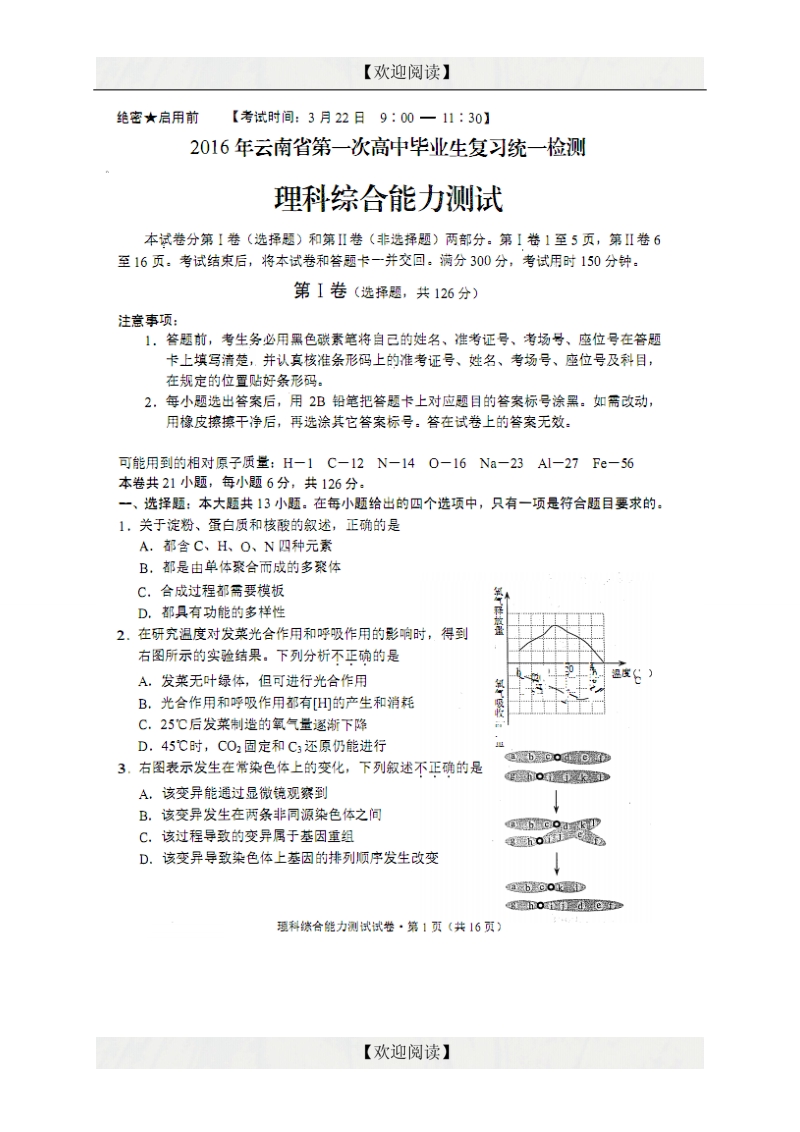 云南省2016年高中毕业生3月统一检测理综试题（图片版）.doc_第1页