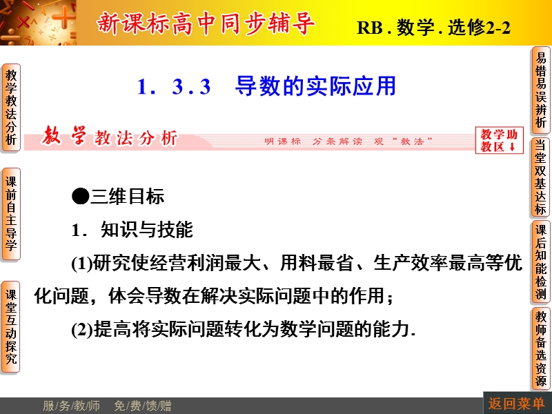 【非常学案】高二数学人教b版选修2-2课件：1.3.3导数的实际应用.ppt_第1页