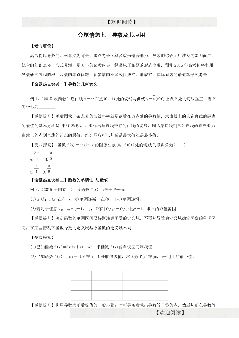 专题07 导数及其应用（命题猜想）-2016年高考数学（理）命题猜想与仿真（原卷版）.doc_第1页