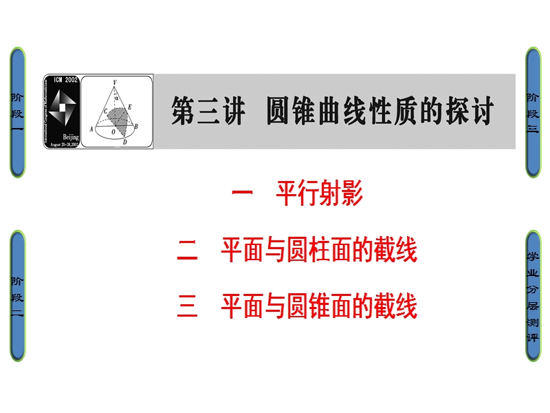 高中数学人教a版选修4-1课件：3.1+2+3 平行射影 平面与圆柱面的截线 平面与圆锥面的截线 .ppt_第1页