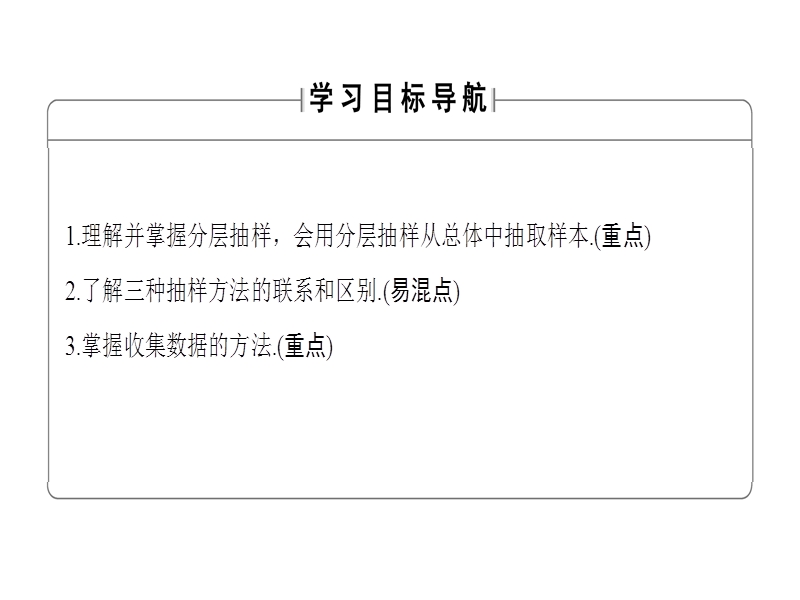 高中数学人教b版必修3课件：2.1.3+4　分层抽样　数据的收集.ppt_第2页