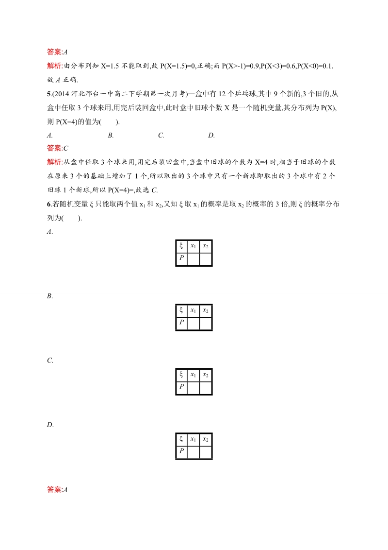 【志鸿优化 赢在课堂】高中数学人教a版选修2-3课时训练：2.1.2离散型随机变量的分布列.doc_第2页