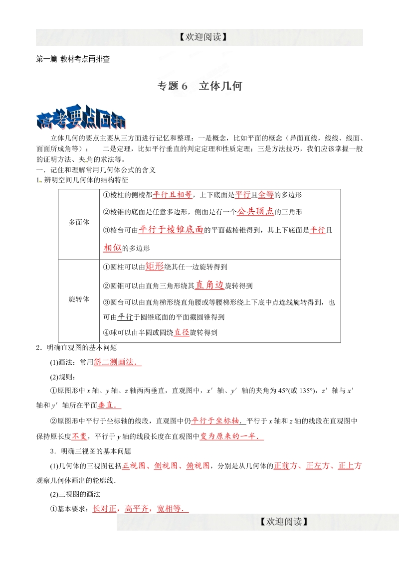 专题1.6 立体几何（文） -2016年高三数学三轮考点总动员（解析版）.doc_第1页