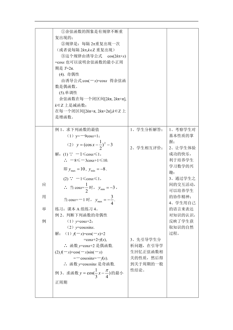 数学：1.4.2(第一课时)《正弦函数、余弦函数的性质——余弦函数的图象及性质》教案（新人教a版必修4）.doc_第3页