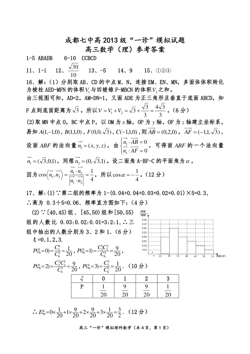 四川省成都市第七中学2016届高三一诊模拟数学（理）答案（pdf版）.pdf_第1页