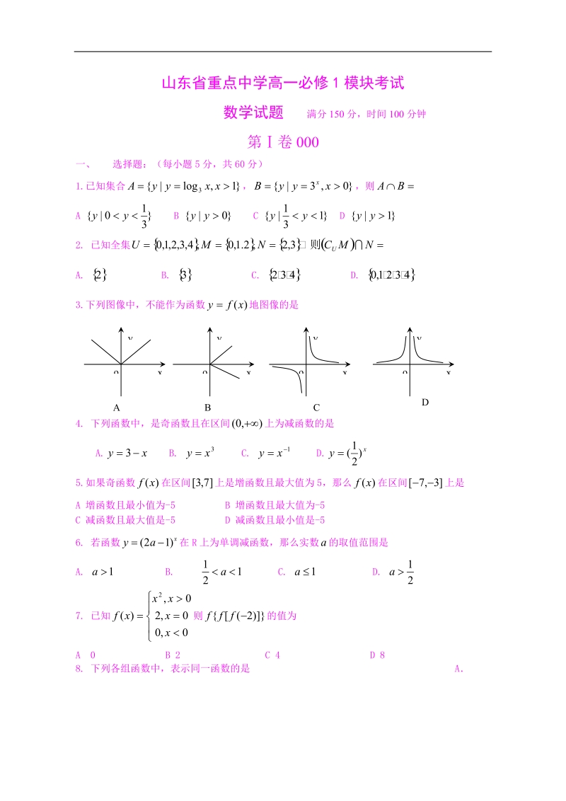 【数学】山东省重点中学高一必修1模块考试数学试题.doc_第1页