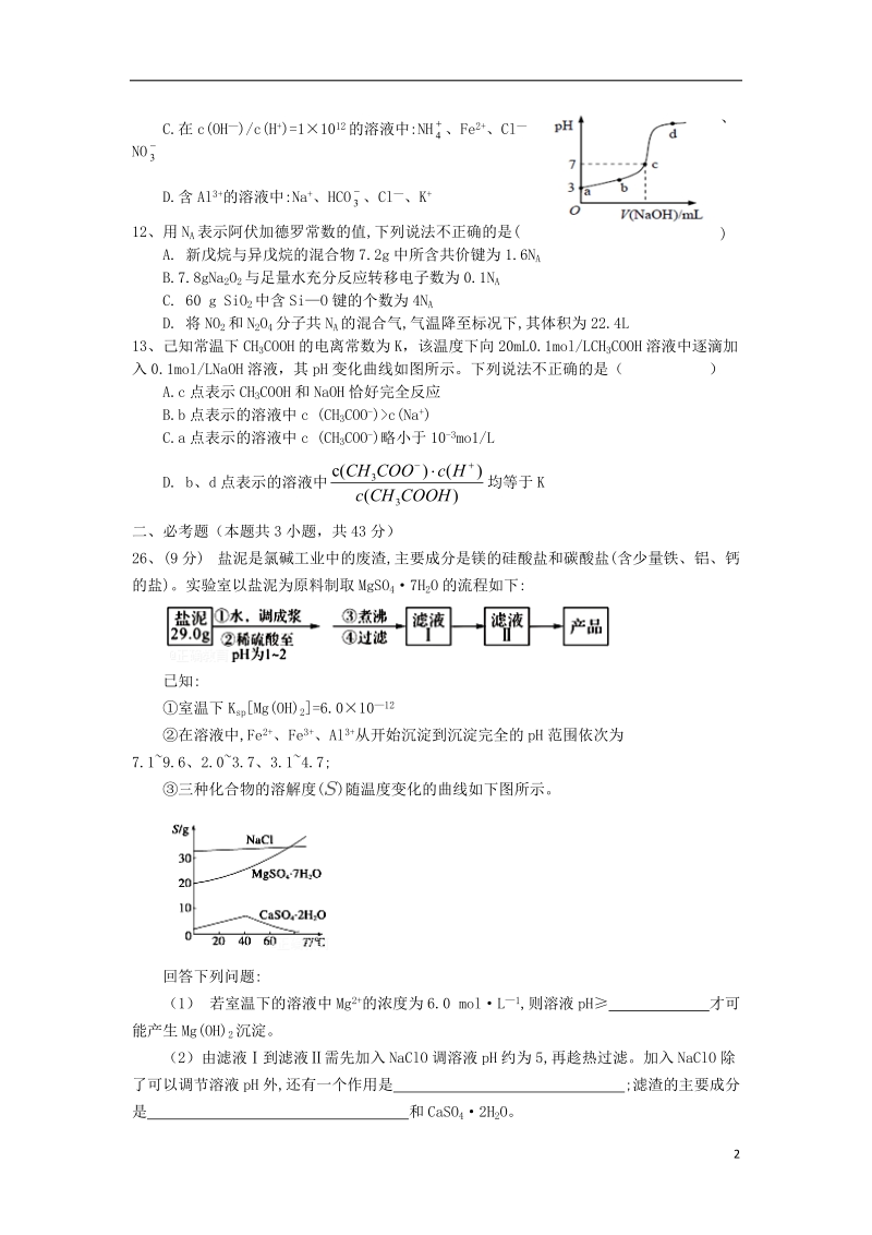 四川省遂宁市射洪县2018年高三化学上学期应届生入学考试试题（无答案）.doc_第2页