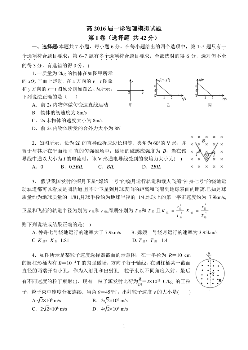 四川省成都市第七中学2016届高三一诊模拟物理试题（pdf版）.pdf_第1页