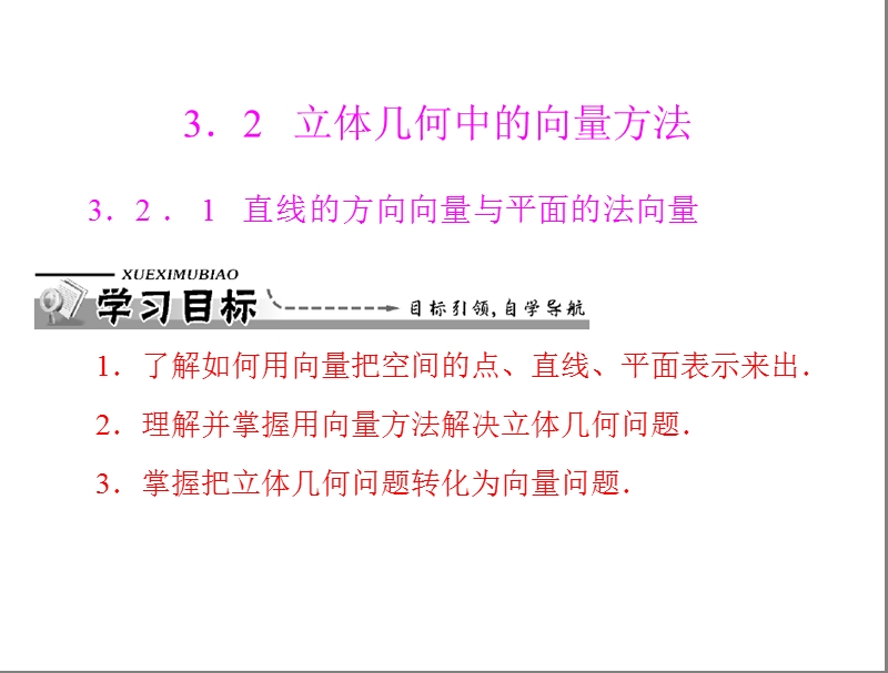 数学：3.2.1 直线的方向向量与平面的法向量课件（人教a版选修2-1）.ppt_第1页