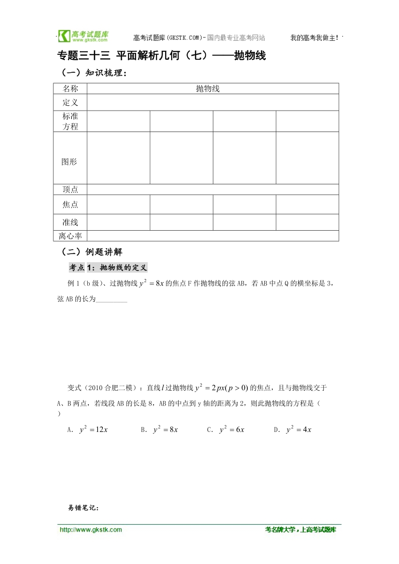 高二数学会考专题辅导练习：专题三十三 平面解析几何（七）——抛物线.doc_第1页