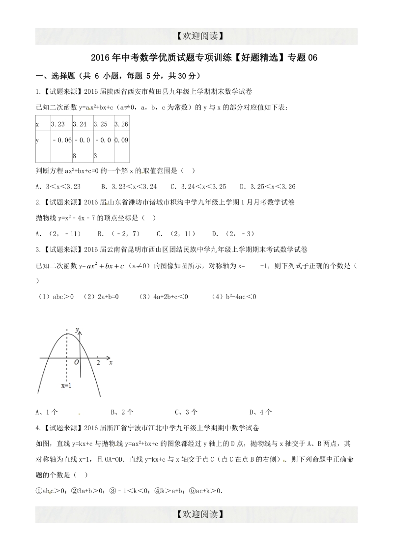 专题06 二次函数（好题精选）-2016年度中考数学优质试题专项训练【原卷版】.doc_第1页