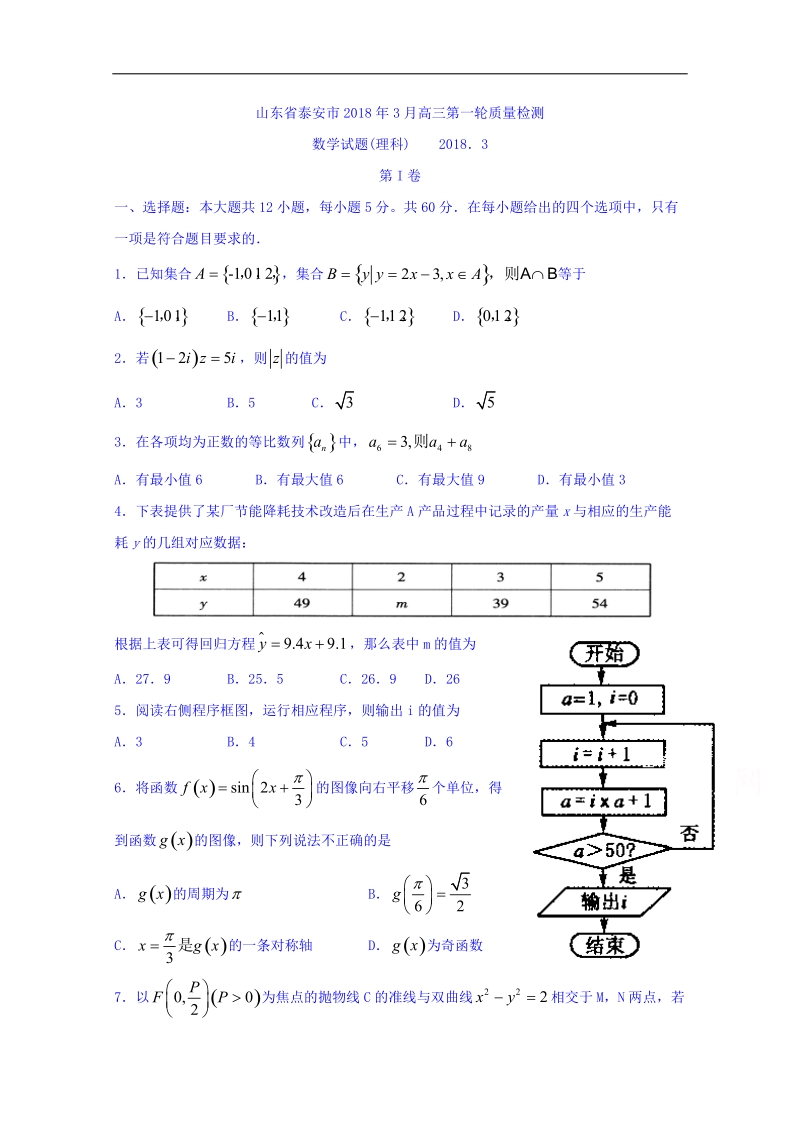 山东省泰安市2018届高三第一轮复习质量检测数学（理）试题 word版含答案.doc_第1页