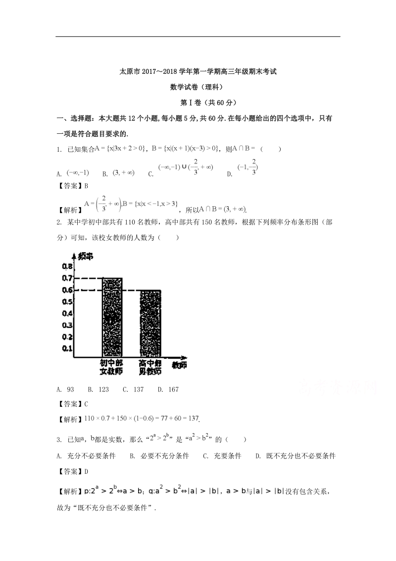 《ks5u解析》山西省太原市2018届高三上学期期末考试数学理试题 word版含解析.doc_第1页