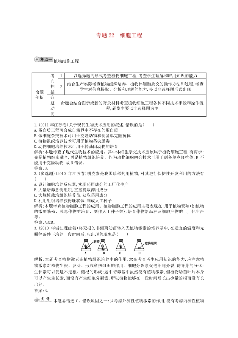 【人教版】2014届高三生物一轮复习 配套试题汇编 专题22 细胞工程.pdf_第1页