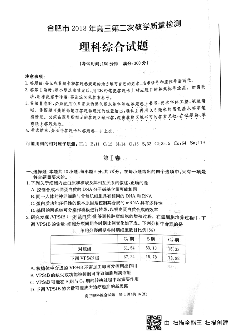 安徽省合肥市2018届高三理综第二次质量检测试题（pdf）.pdf_第1页