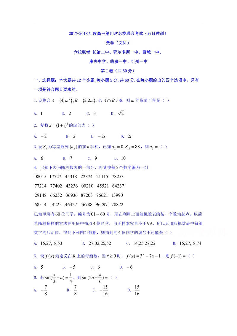 山西省六校（长治二中，晋城一中、康杰中学、临汾一中等）2018届高三第四次名校联合考试（百日冲刺）数学（文）试题 word版含答案.doc_第1页