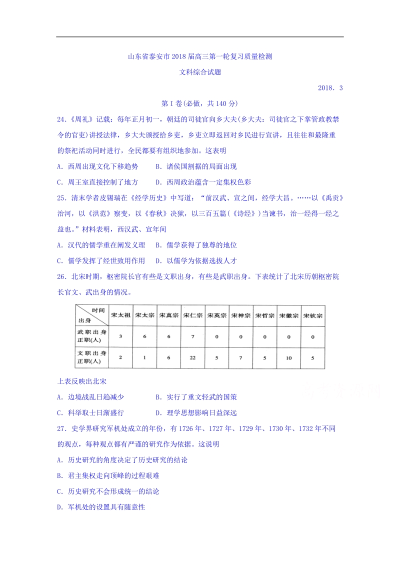 山东省泰安市2018届高三第一轮复习质量检测文综历史试题 word版含答案.doc_第1页