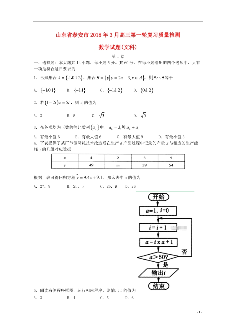 山东省泰安市2018届高三数学第一轮复习质量检测试题 文.doc_第1页