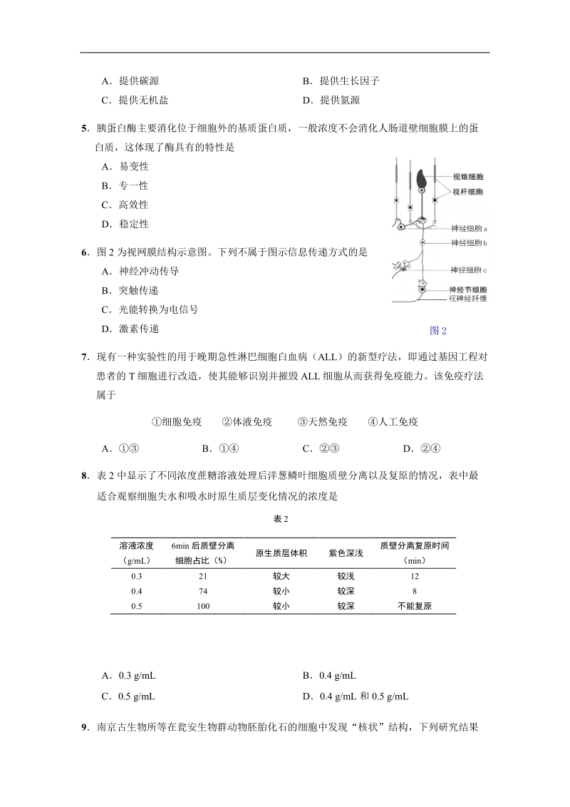 上海市崇明区2018届高三第一次模拟考试生命科学试题 word版含答案.doc_第2页