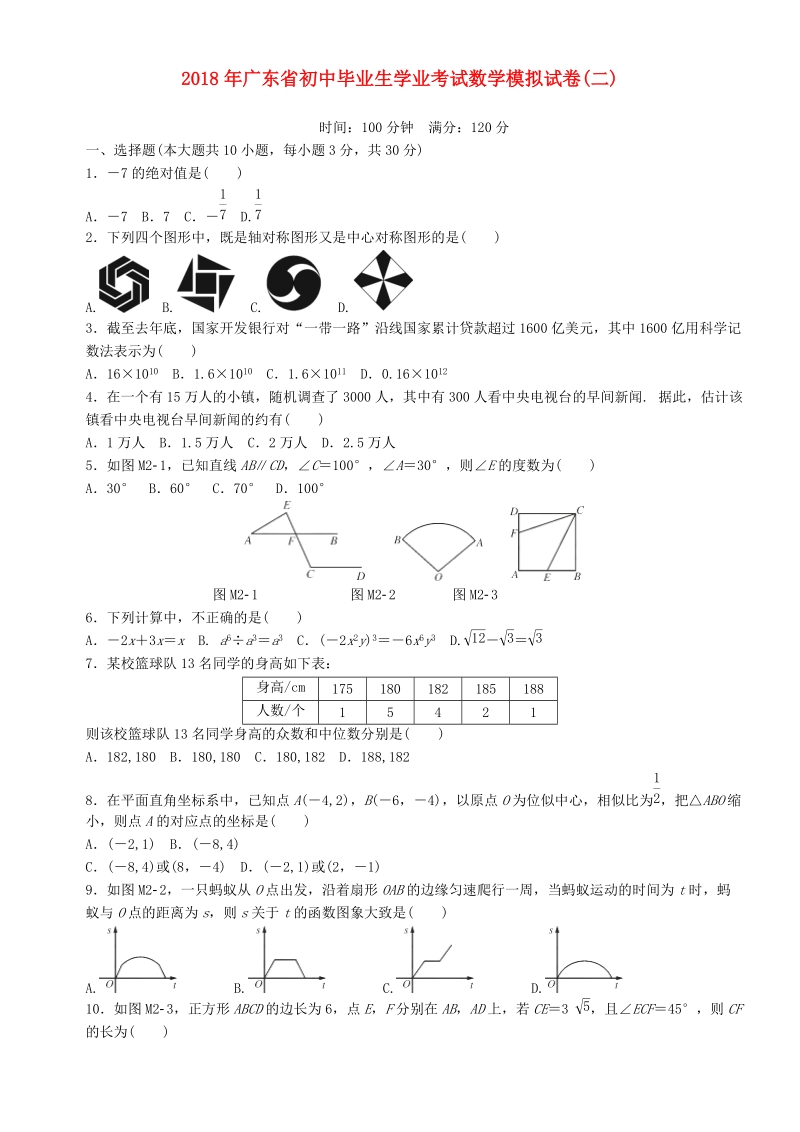 广东省2018年初中数学毕业生学业考试模拟试题2.doc_第1页