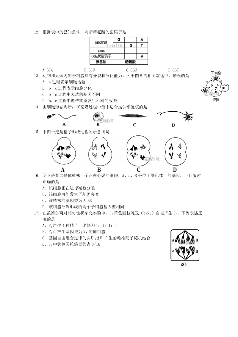 上海市金山区2018届高三上学期期末质量监控生命科学试卷 word版含答案.doc_第3页