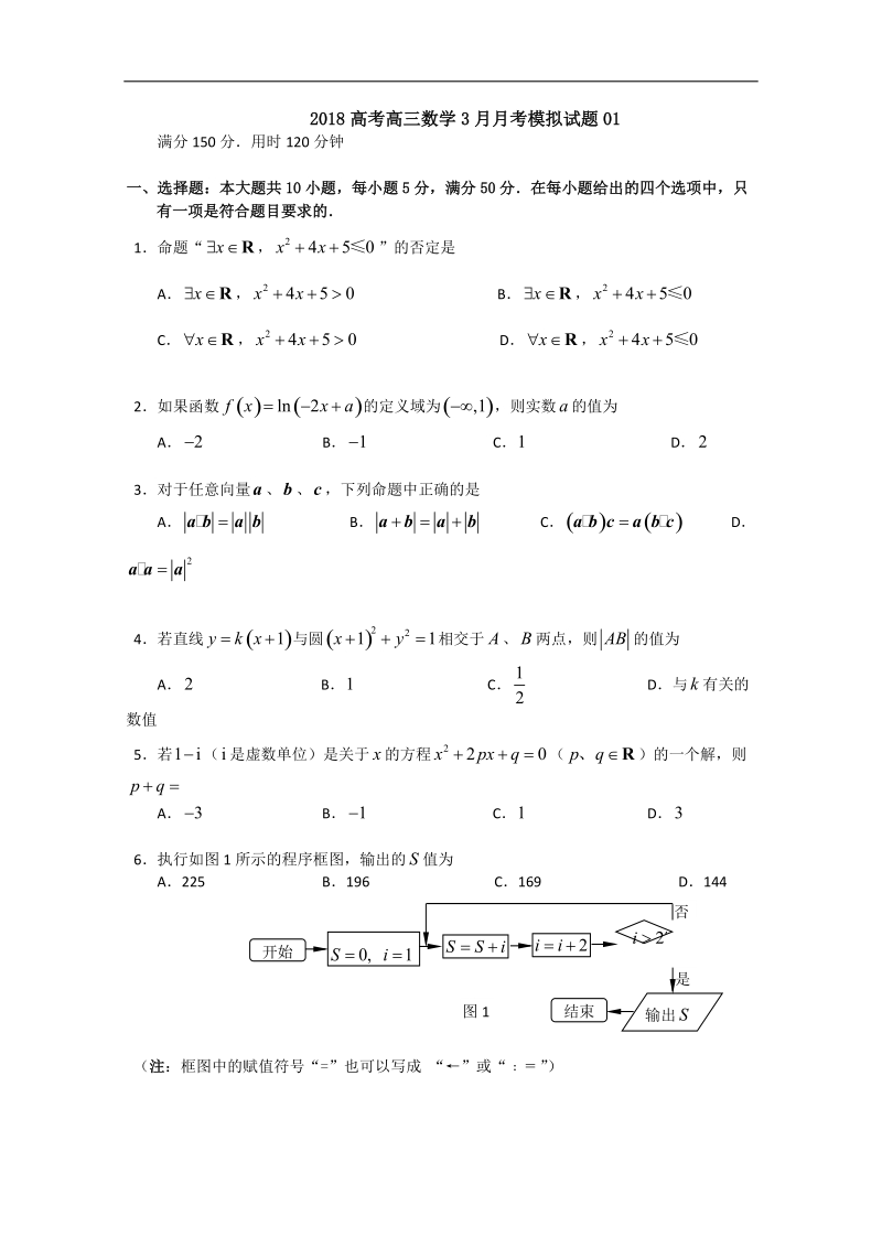 《ks5u首发》广东省广州市普通高中学校2018届高考高三数学3月月考模拟试题 01 word版含答案.doc_第1页