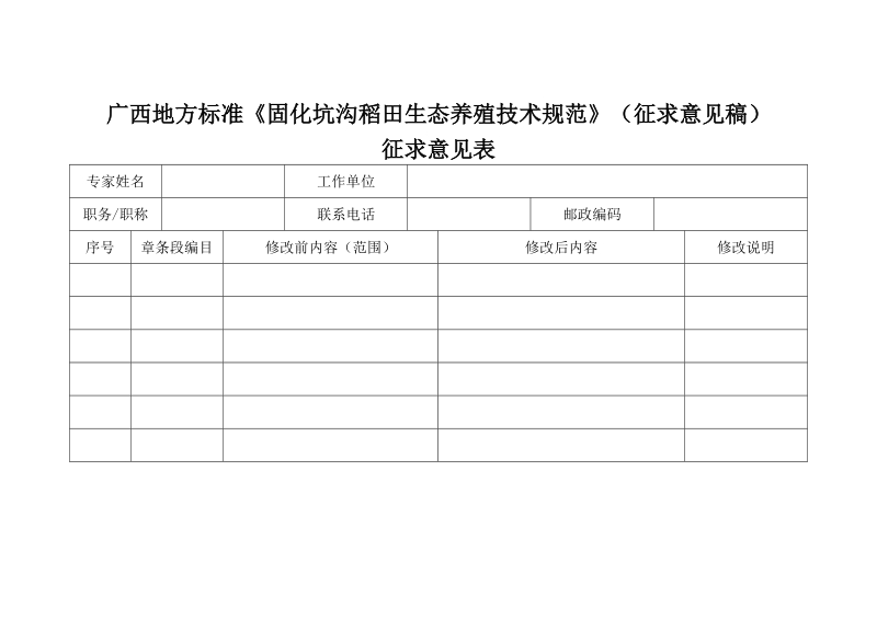 固化坑沟稻田生态养殖技术规范征求意见稿征求意见表.doc_第1页