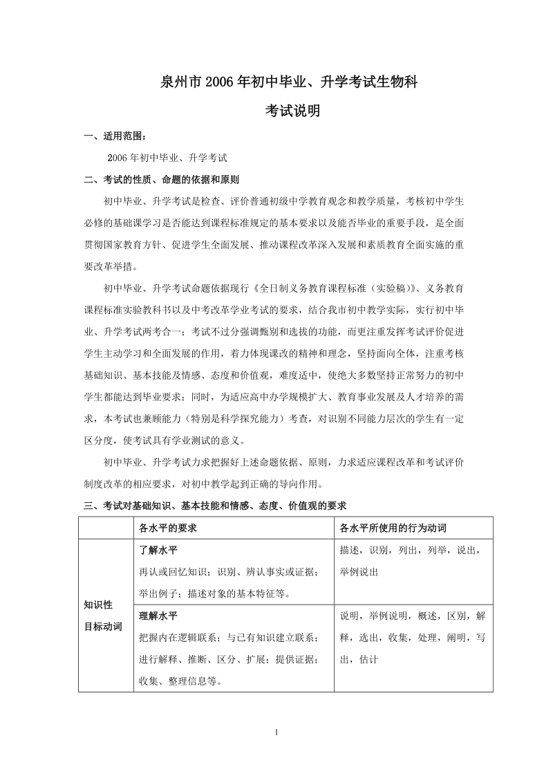 泉州市2006年初中毕业、升学考试生物科.doc_第1页