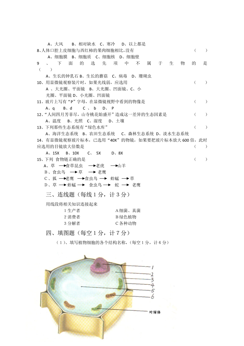 长春市四校联考第一次月考七年级生物试卷.pdf_第2页