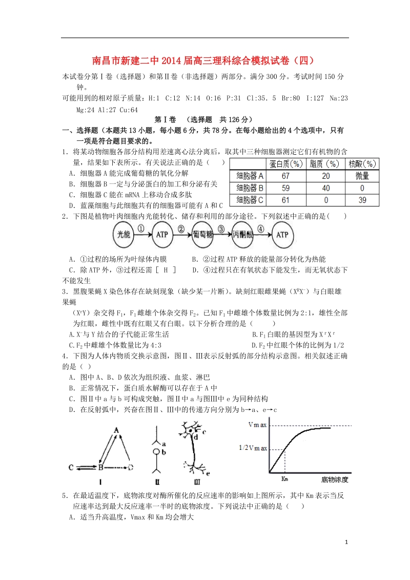 南昌市新建二中2014届高三理综模拟试题（四）.doc_第1页