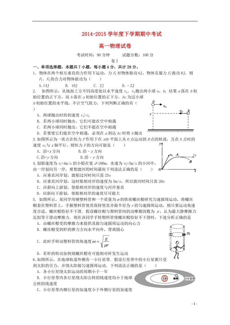 大连市第二十高级中学2014-2015学年高一物理下学期期中试题.doc_第1页