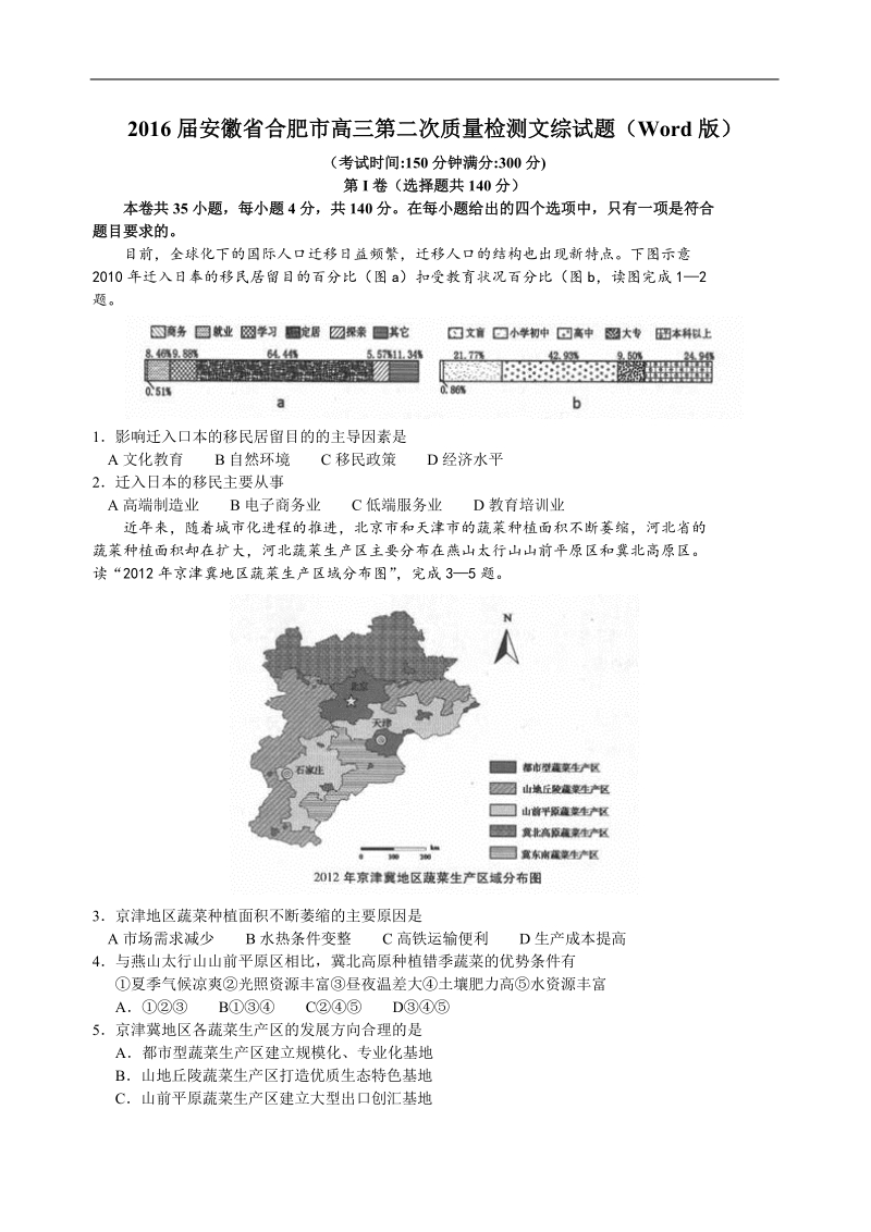 2016年安徽省合肥市高三第二次质量检测文综试题（word版）.doc_第1页